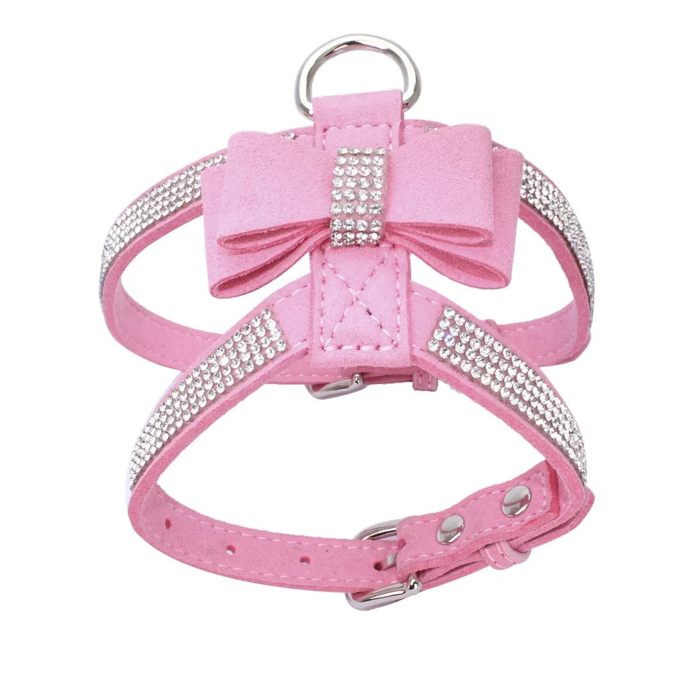 Elegant Velvet Leather Pet Harness with Rhinestone Bow-My Little Pet