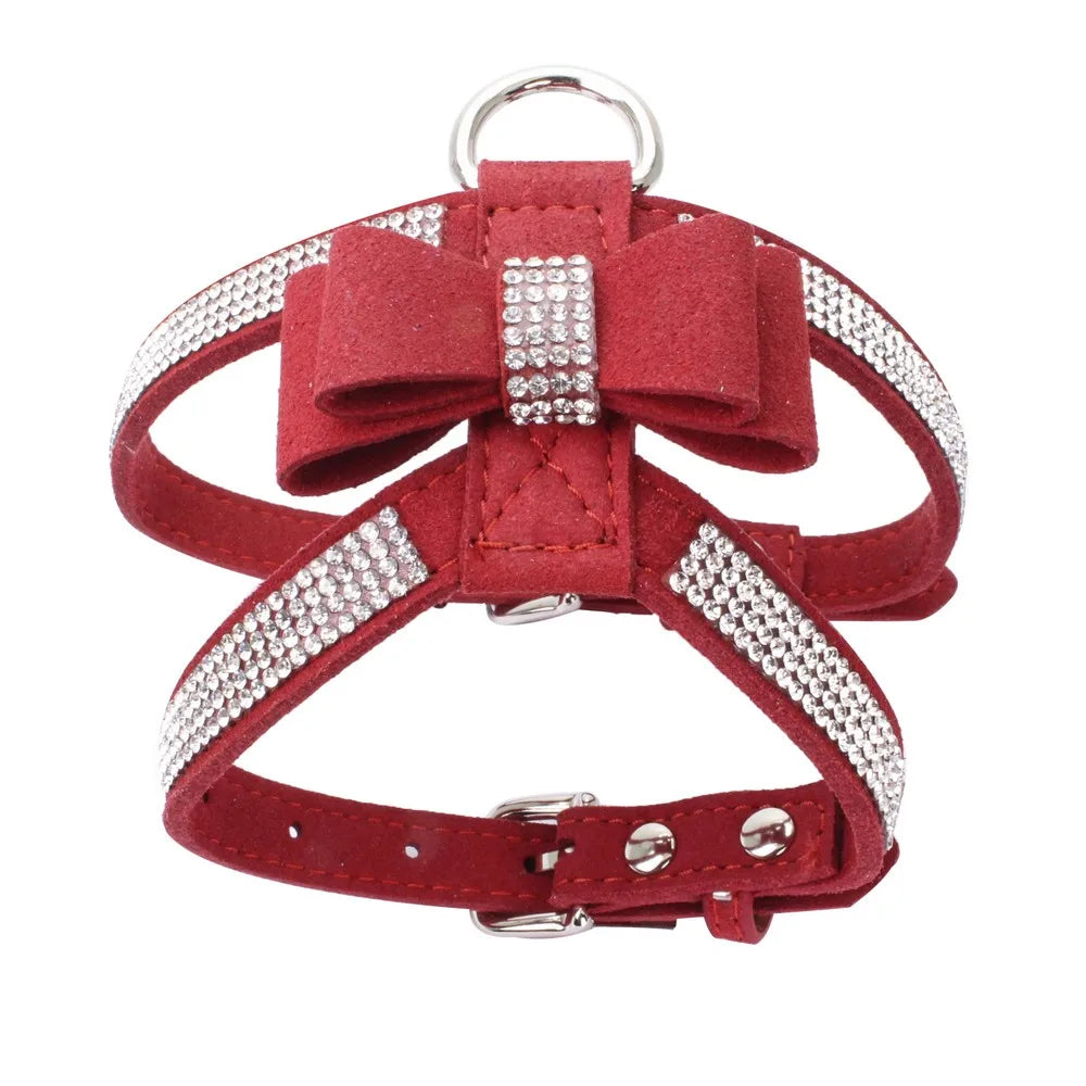 Elegant Velvet Leather Pet Harness with Rhinestone Bow-My Little Pet