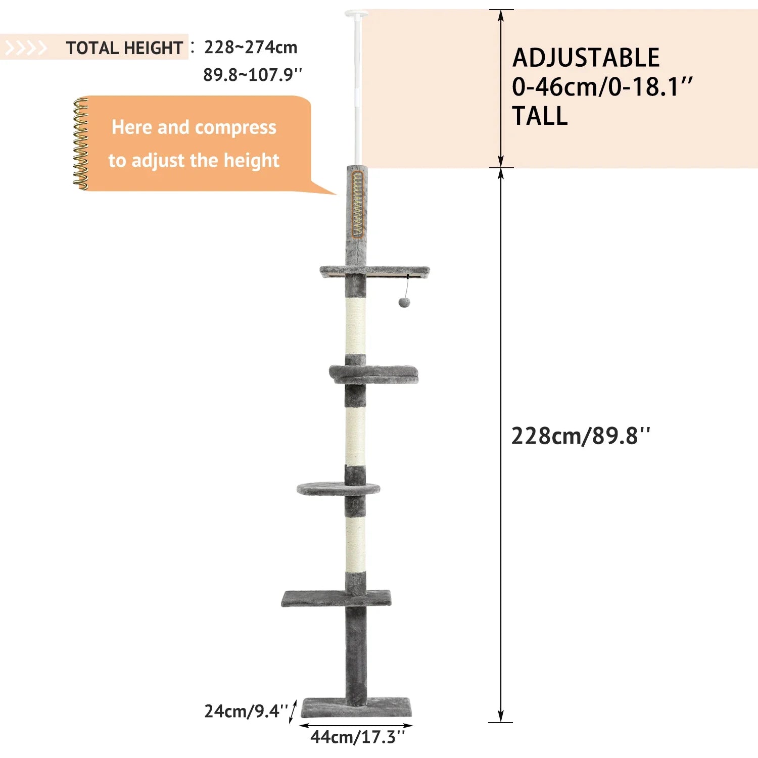 Floor-to-Ceiling Cat Tree - 228-274cm Tall Cat Climbing Tower-My Little Pet