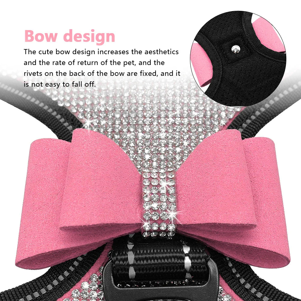 Reflective Rhinestone Dog Harness with Bowknot for Small to Medium Breeds-My Little Pet