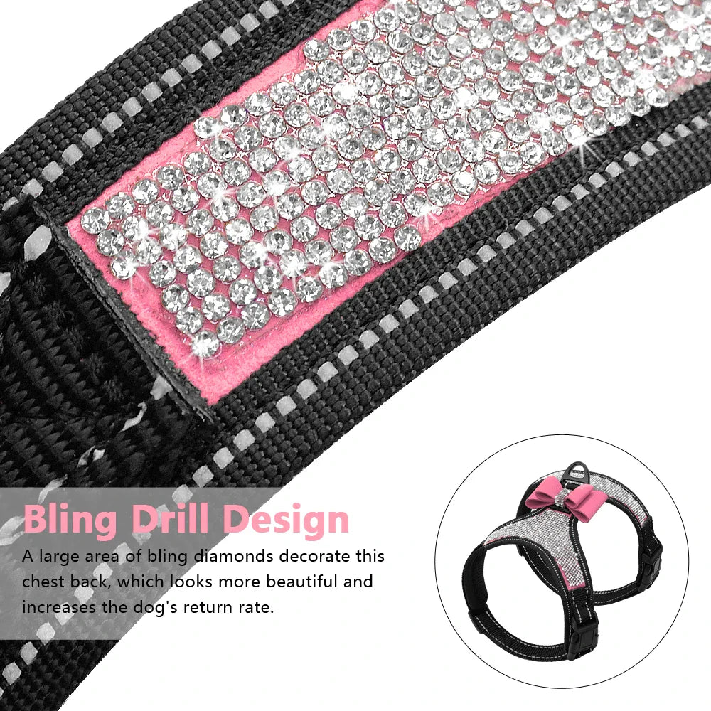 Reflective Rhinestone Dog Harness with Bowknot for Small to Medium Breeds-My Little Pet