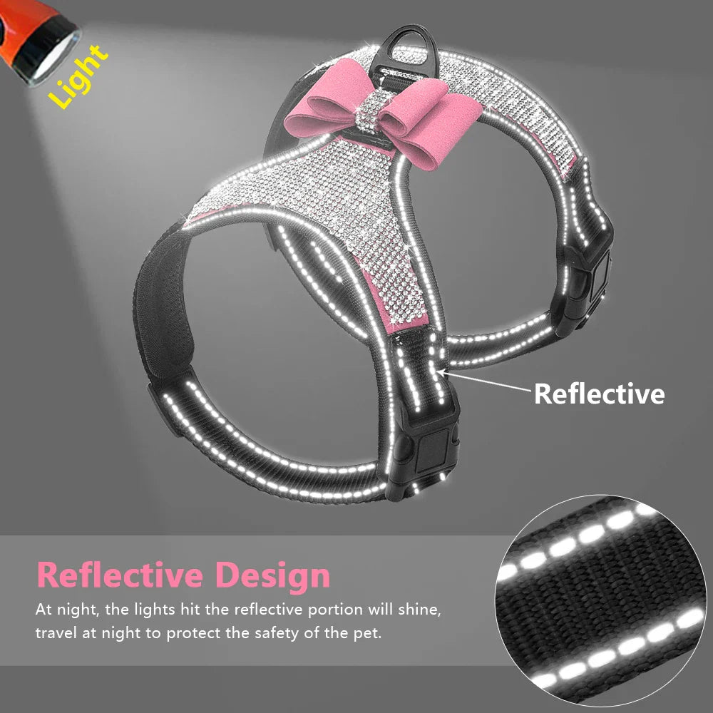 Reflective Rhinestone Dog Harness with Bowknot for Small to Medium Breeds-My Little Pet