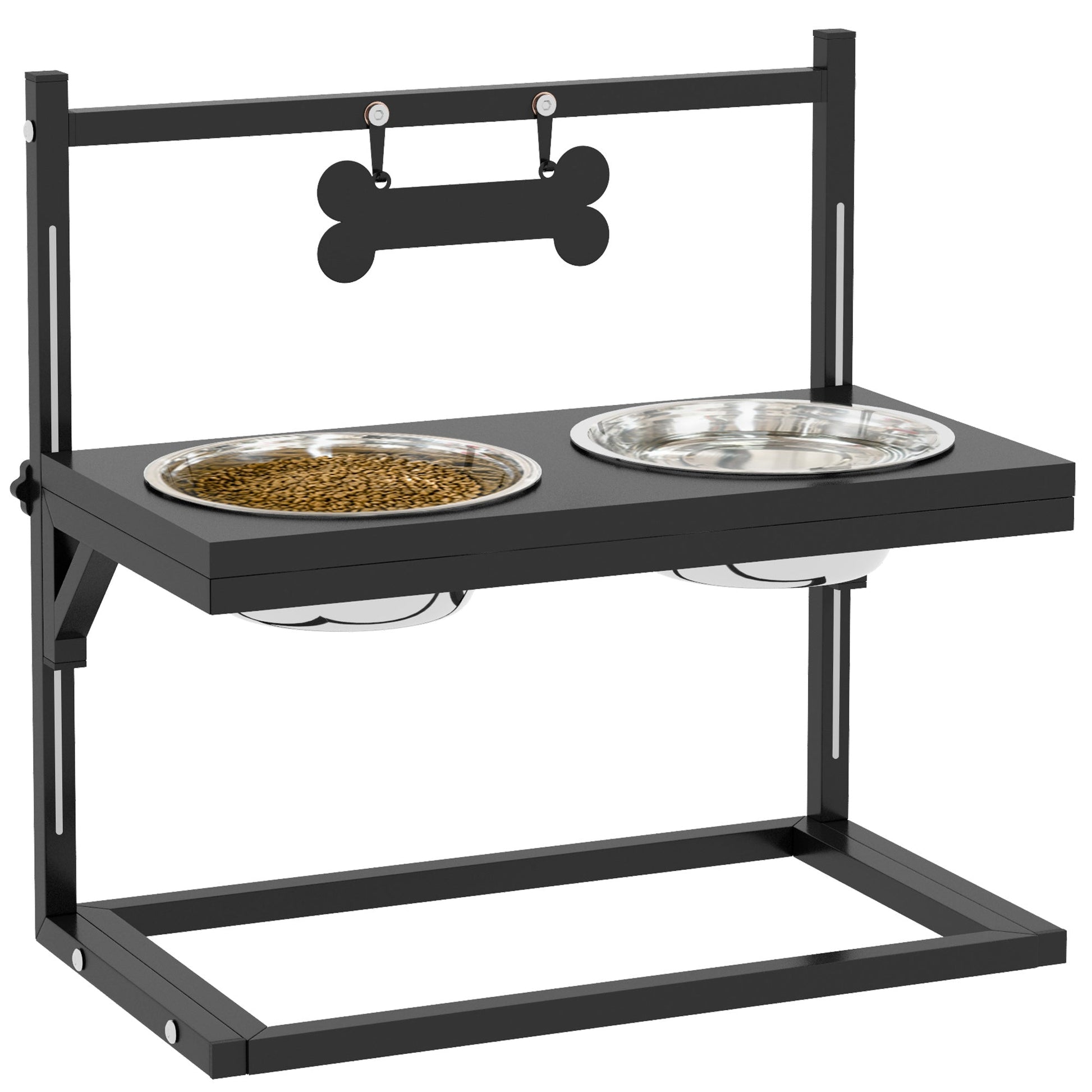 PawHut Adjustable Elevated Dog Feeder with 2 Stainless Steel Bowls - Black, 40.5x22x39 cm-My Little Pet