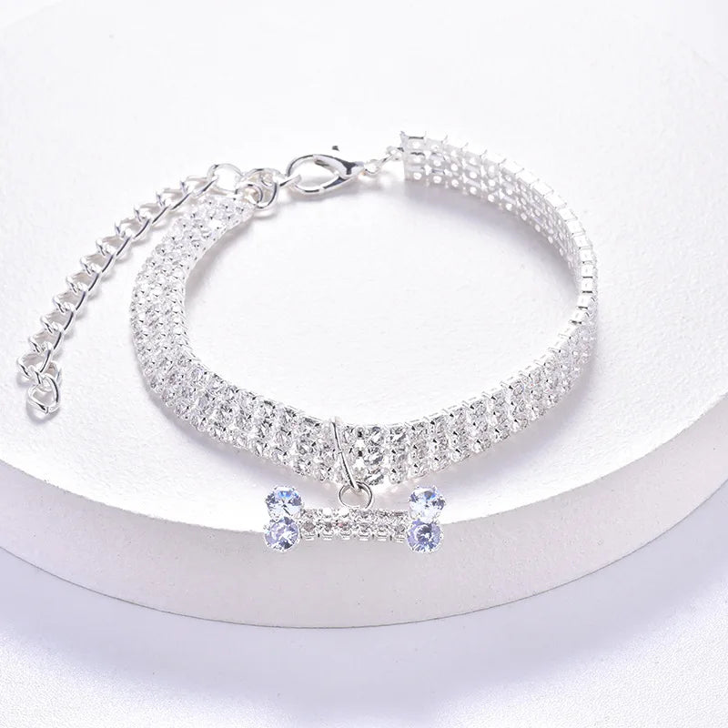 Elegant Adjustable Pet Collar with Zircon Bone Pendant-My Little Pet