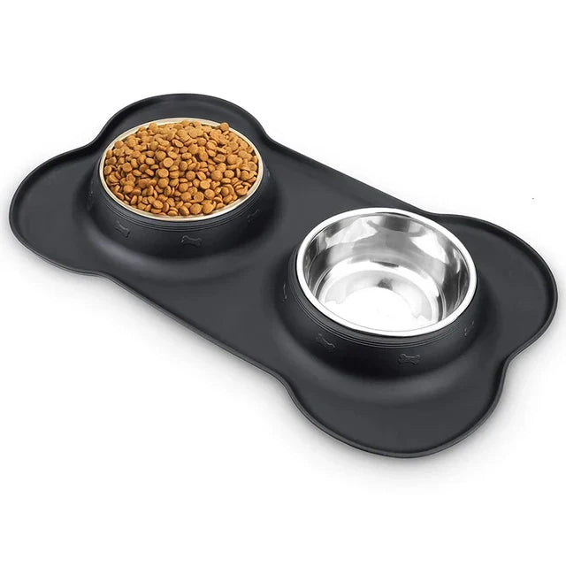 Non-Slip Double Dog Bowl with Silicone Mat – Durable Stainless Steel Food and Water Feeder for Pets - My Little Pet