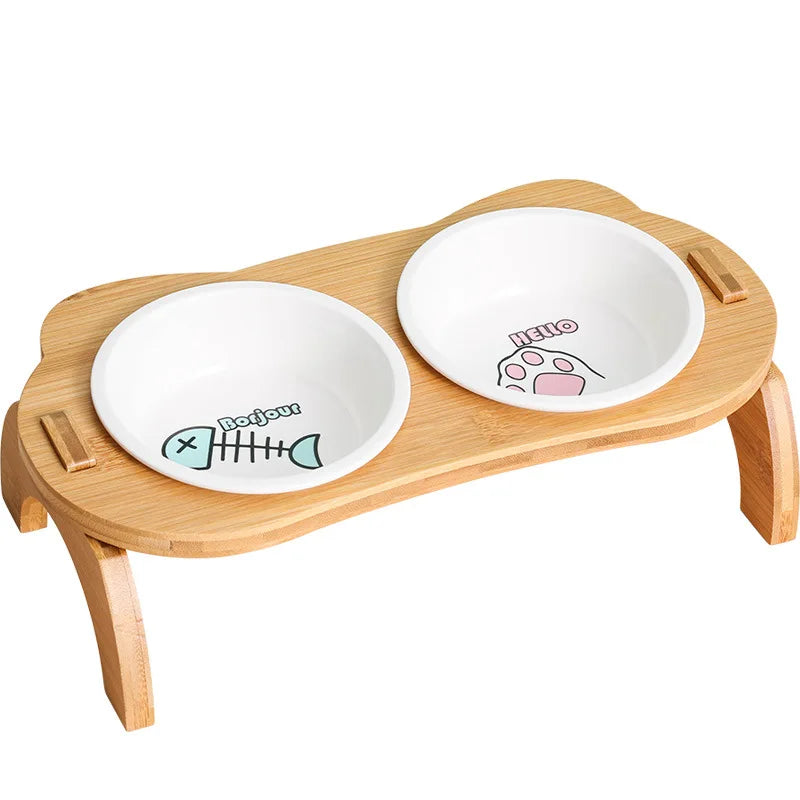 Elevated Bamboo Double Bowls for Cats and Small Dogs - Anti-Leak Design-My Little Pet