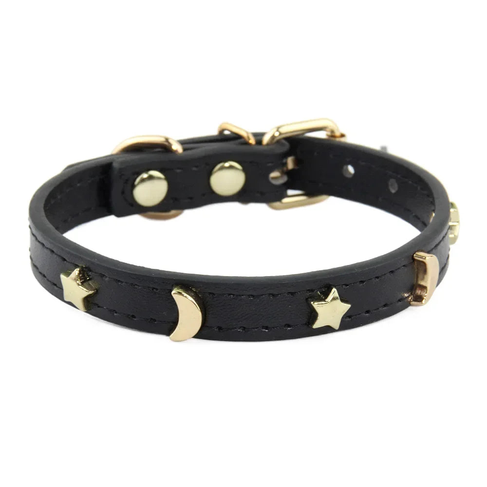 Stylish Soft Leather Cat Collar with Star and Moon Rivets-My Little Pet