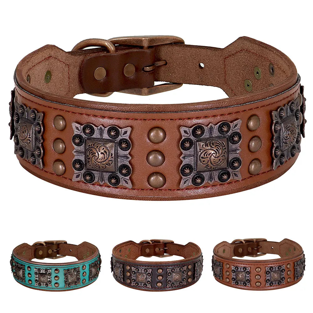 Luxury Genuine Leather Dog Collar with Spikes and Metal Rivets, 2inch Wide-My Little Pet