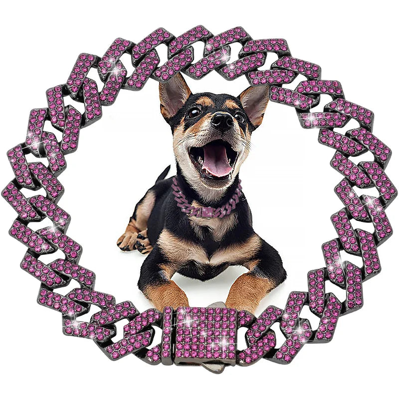 Luxury Bling Dog and Cat Collar - 15MM Cuban Chain with Zirconia Diamonds-My Little Pet