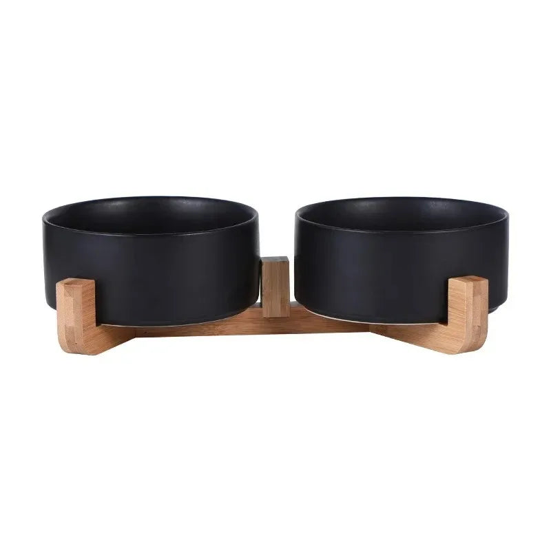 Elegant Ceramic Double Pet Bowl with Wooden Stand-My Little Pet