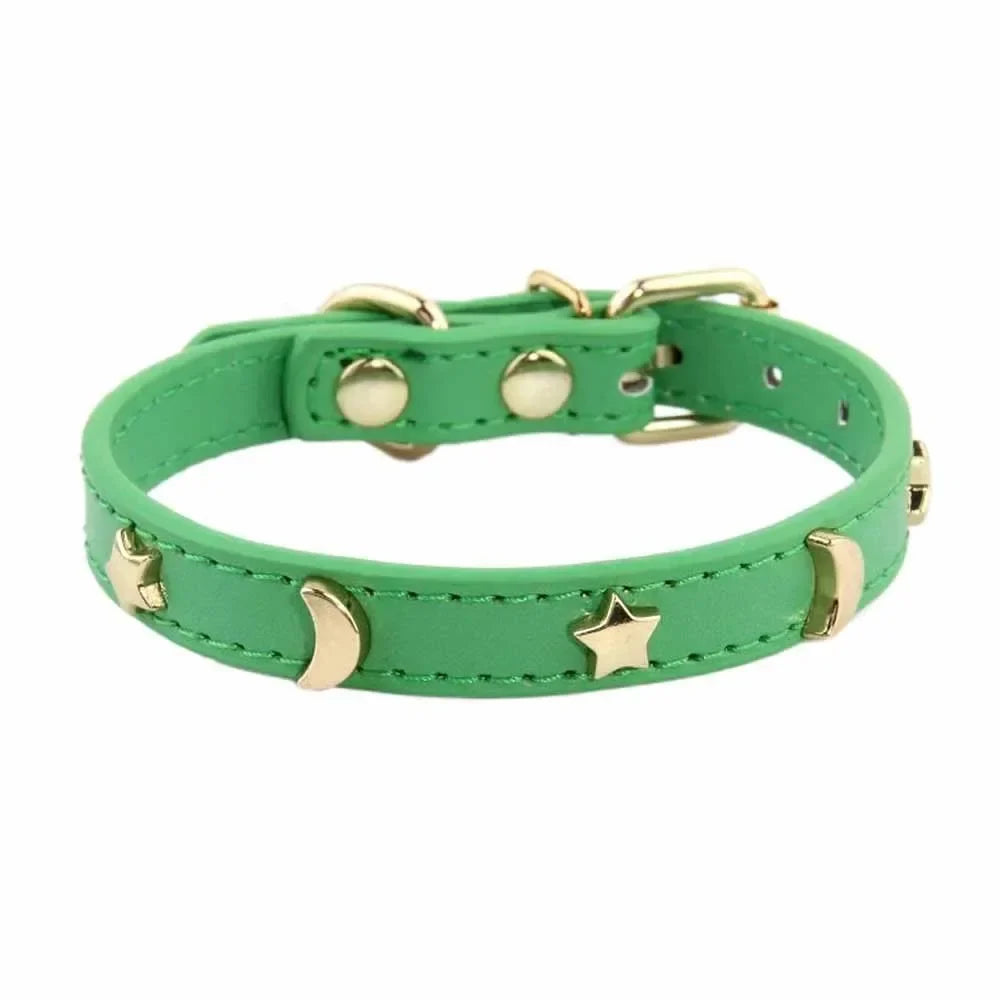 Stylish Soft Leather Cat Collar with Star and Moon Rivets-My Little Pet