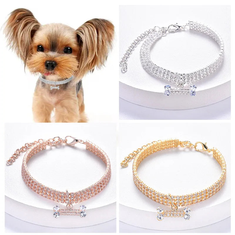 Elegant Adjustable Pet Collar with Zircon Bone Pendant-My Little Pet