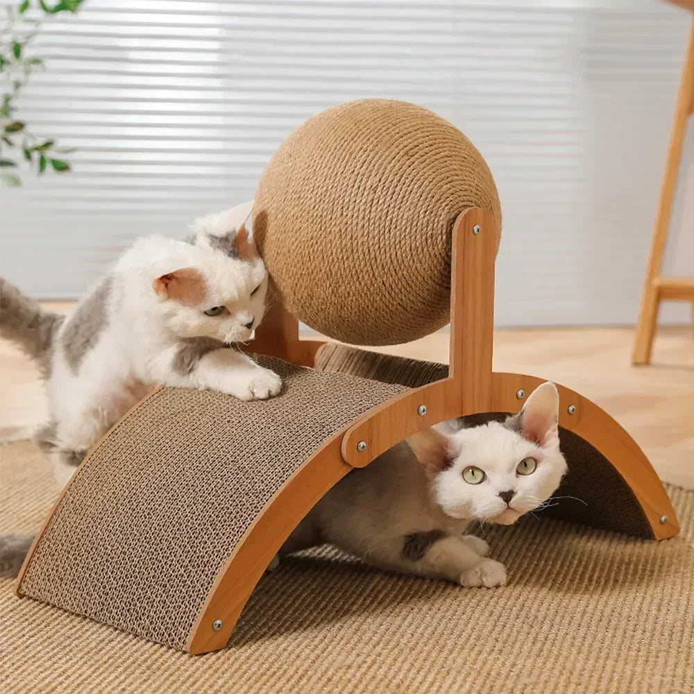 2 in 1 Wooden Cat Scratcher with Sisal Ball and Scratch Board-My Little Pet