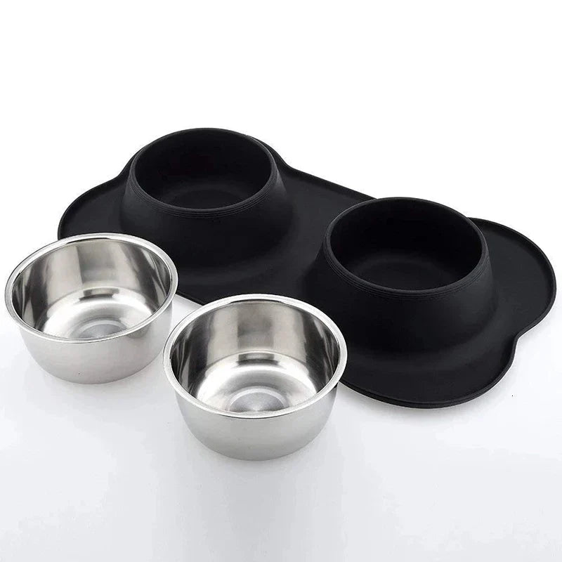 Non-Slip Double Dog Bowl with Silicone Mat – Durable Stainless Steel Food and Water Feeder for Pets - My Little Pet