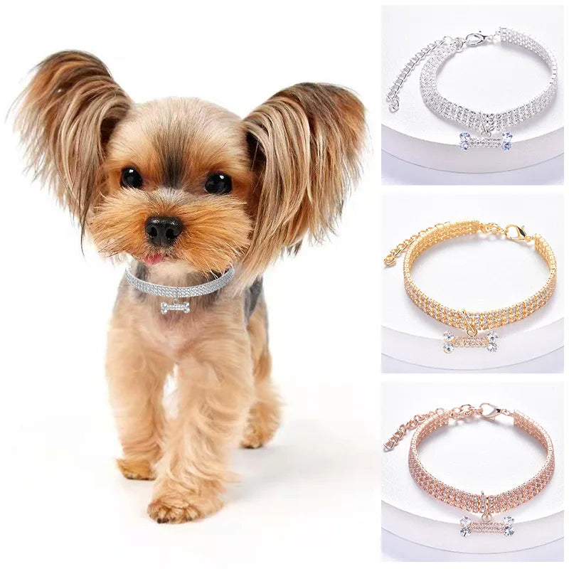 Elegant Adjustable Pet Collar with Zircon Bone Pendant-My Little Pet