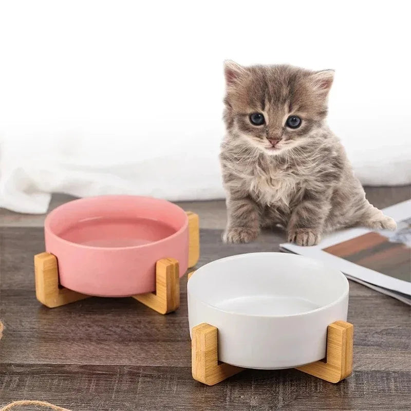 Elegant Ceramic Double Pet Bowl with Wooden Stand-My Little Pet