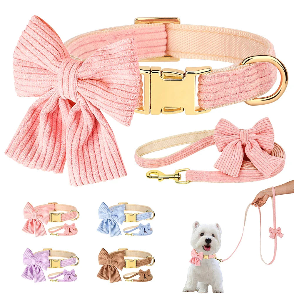 Elegant Velvet Dog Collar and Leash Set with Bowknot for Small to Medium Dogs-My Little Pet