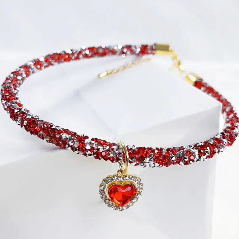 Luxury Adjustable Pet Collar with Diamond Zircon Heart Pendant-My Little Pet