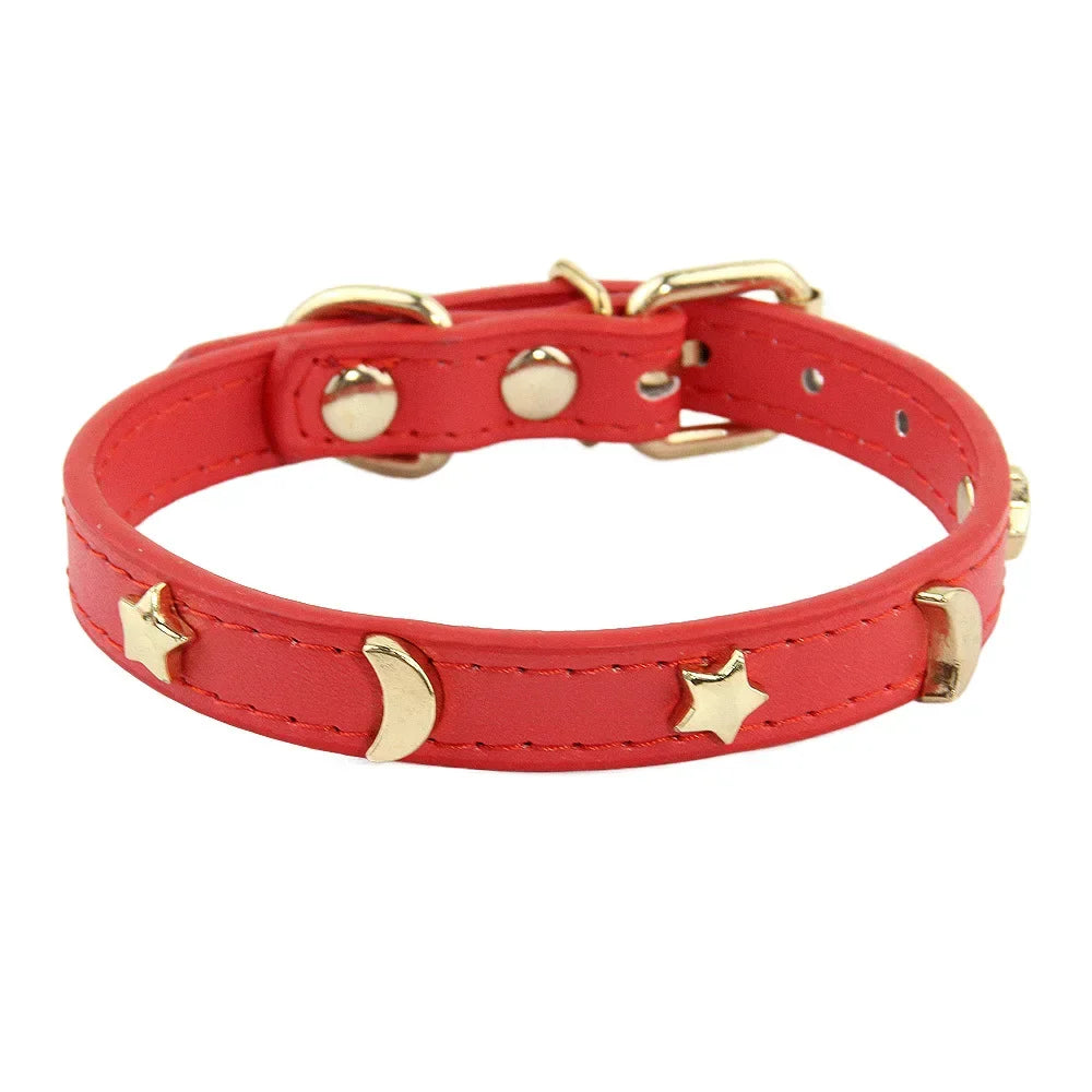 Stylish Soft Leather Cat Collar with Star and Moon Rivets-My Little Pet