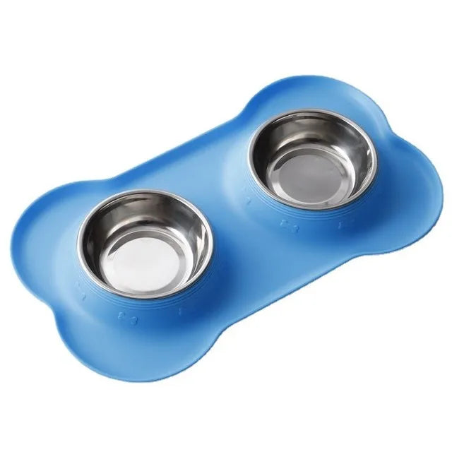 Non-Slip Double Dog Bowl with Silicone Mat – Durable Stainless Steel Food and Water Feeder for Pets - My Little Pet