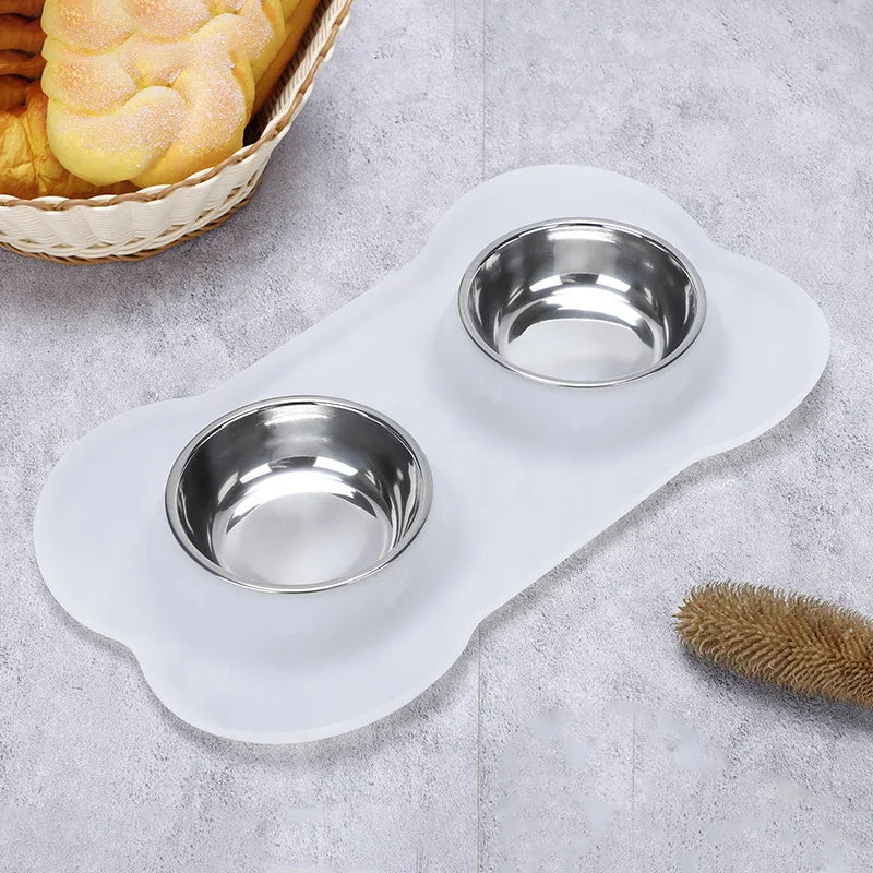 Non-Slip Double Dog Bowl with Silicone Mat – Durable Stainless Steel Food and Water Feeder for Pets - My Little Pet