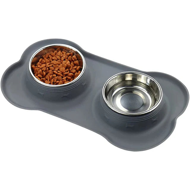 Non-Slip Double Dog Bowl with Silicone Mat – Durable Stainless Steel Food and Water Feeder for Pets - My Little Pet