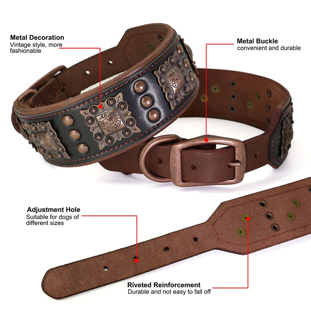 Luxury Genuine Leather Dog Collar with Spikes and Metal Rivets, 2inch Wide-My Little Pet