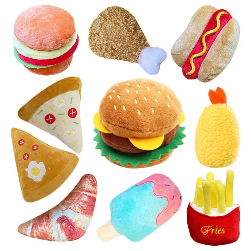 Soft Plush Squeaky Dog Toys - Ice Cream, Fries, and Hamburger Shapes-My Little Pet