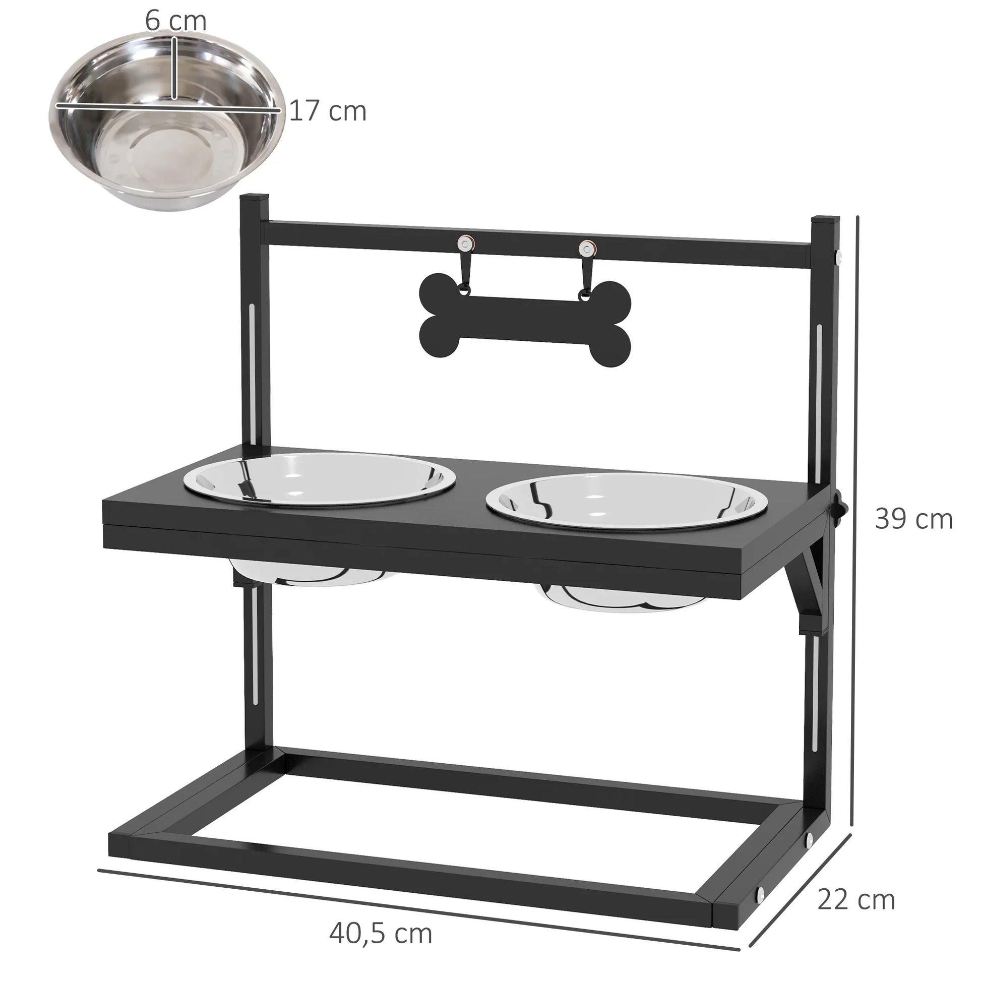 PawHut Adjustable Elevated Dog Feeder with 2 Stainless Steel Bowls - Black, 40.5x22x39 cm-My Little Pet