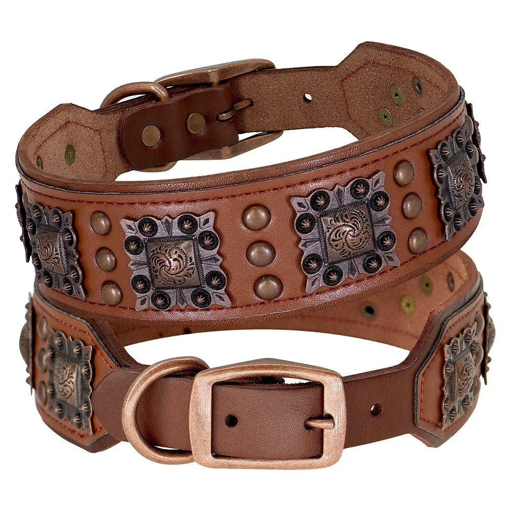 Luxury Genuine Leather Dog Collar with Spikes and Metal Rivets, 2inch Wide-My Little Pet