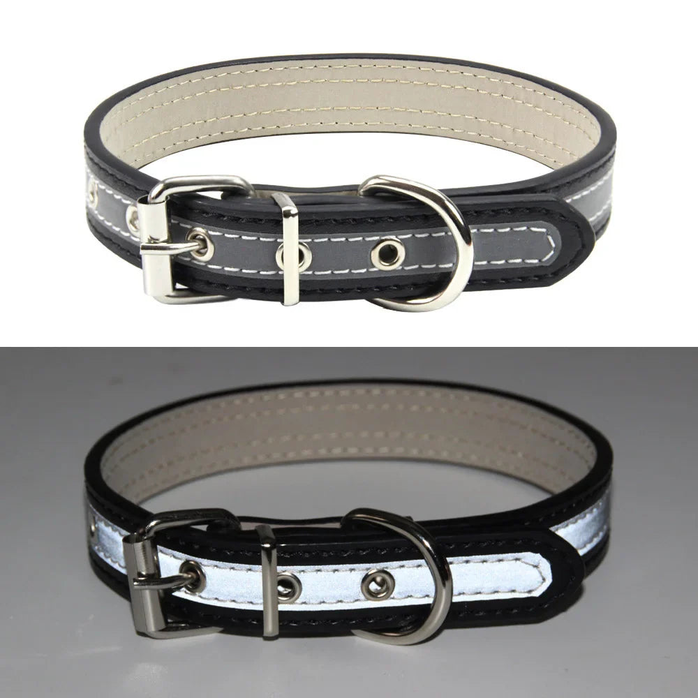 Reflective Leather Dog Collar for Enhanced Safety-My Little Pet