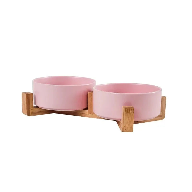 Elegant Ceramic Double Pet Bowl with Wooden Stand-My Little Pet