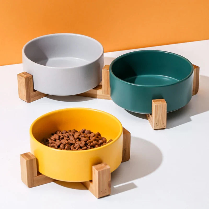 Elegant Ceramic Double Pet Bowl with Wooden Stand-My Little Pet