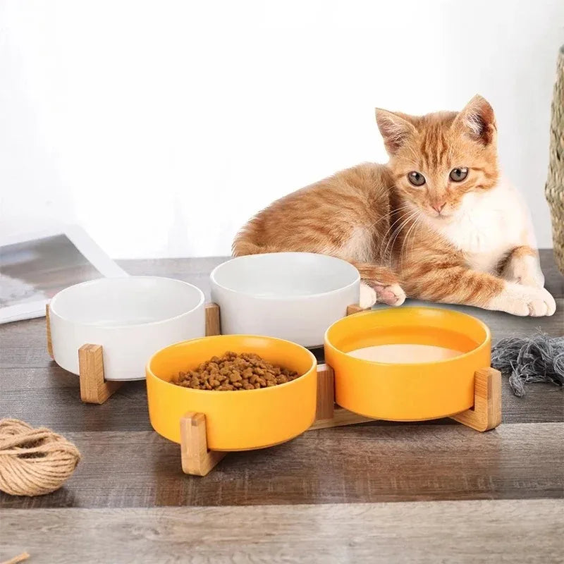 Elegant Ceramic Double Pet Bowl with Wooden Stand-My Little Pet