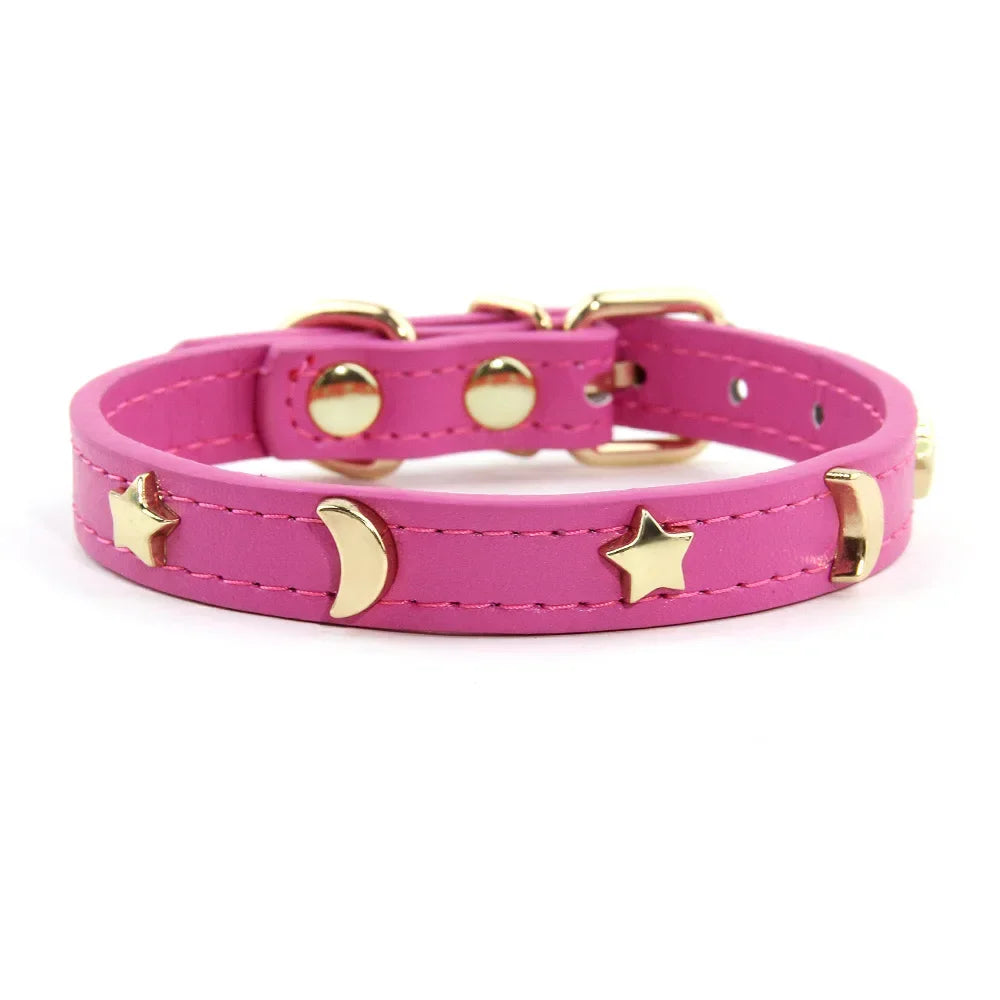 Stylish Soft Leather Cat Collar with Star and Moon Rivets-My Little Pet