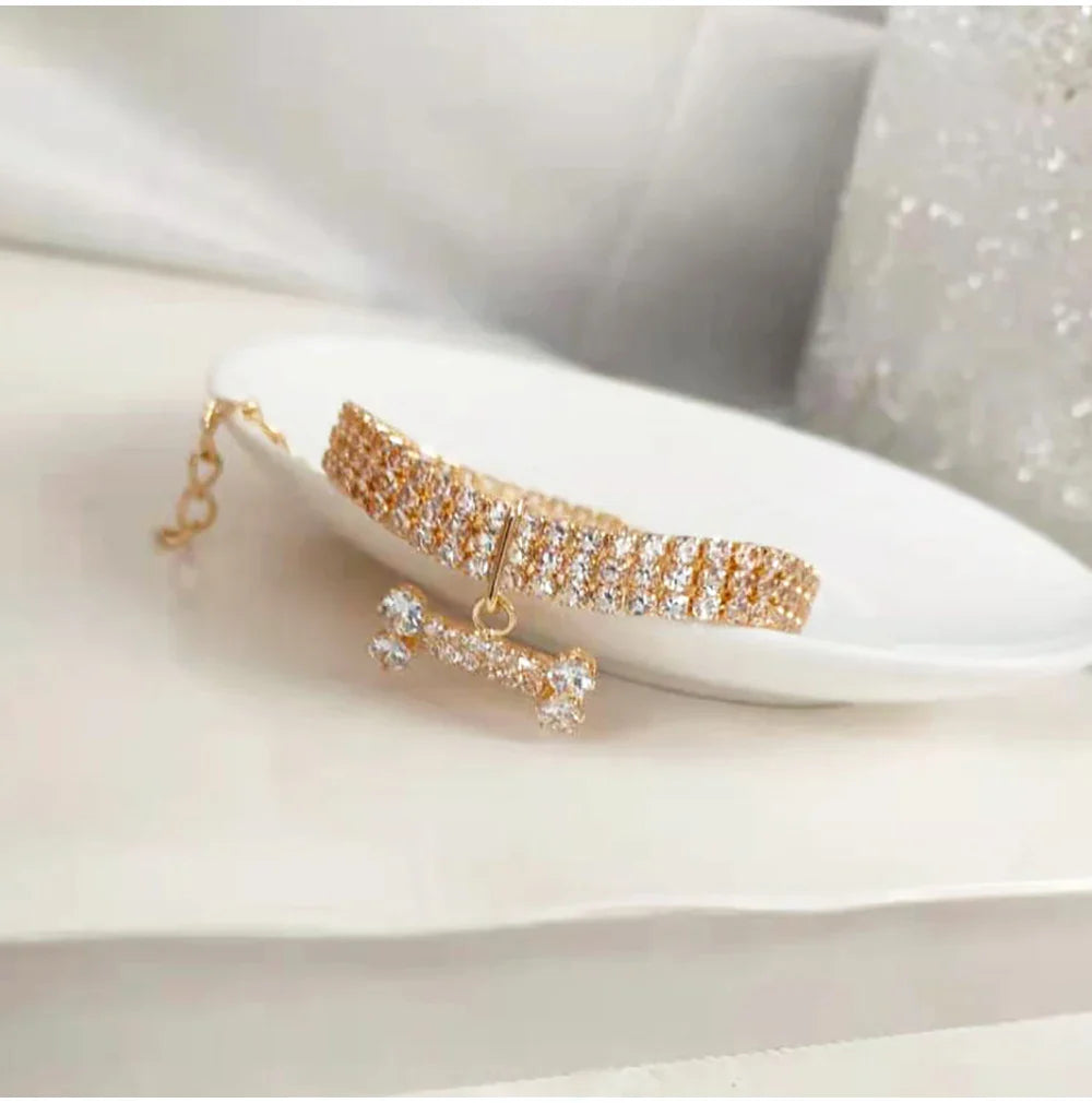 Elegant Adjustable Pet Collar with Zircon Bone Pendant-My Little Pet