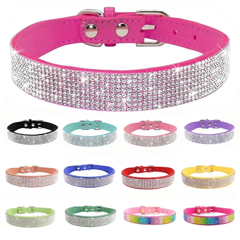 Elegant Suede Leather Dog Collar with Rhinestones-My Little Pet