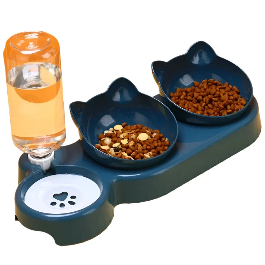 Elevated Double Cat Bowl with Automatic Water Dispenser – Neck Protection Design-My Little Pet