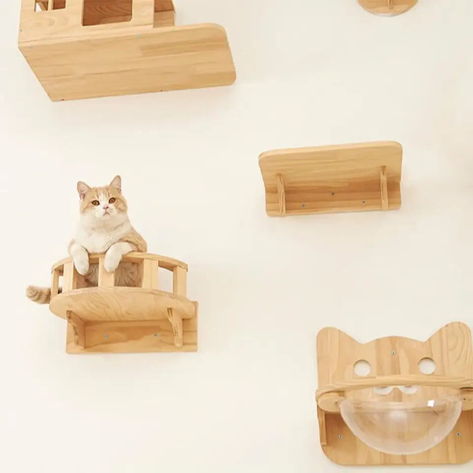 Wall-Mounted Wooden Cat Climbing Shelves - Four-Step Stair with Hammock-My Little Pet