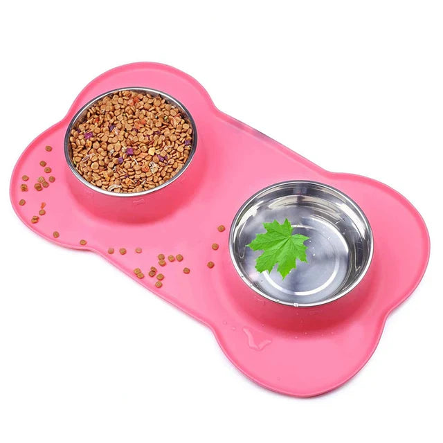 Non-Slip Double Dog Bowl with Silicone Mat – Durable Stainless Steel Food and Water Feeder for Pets - My Little Pet