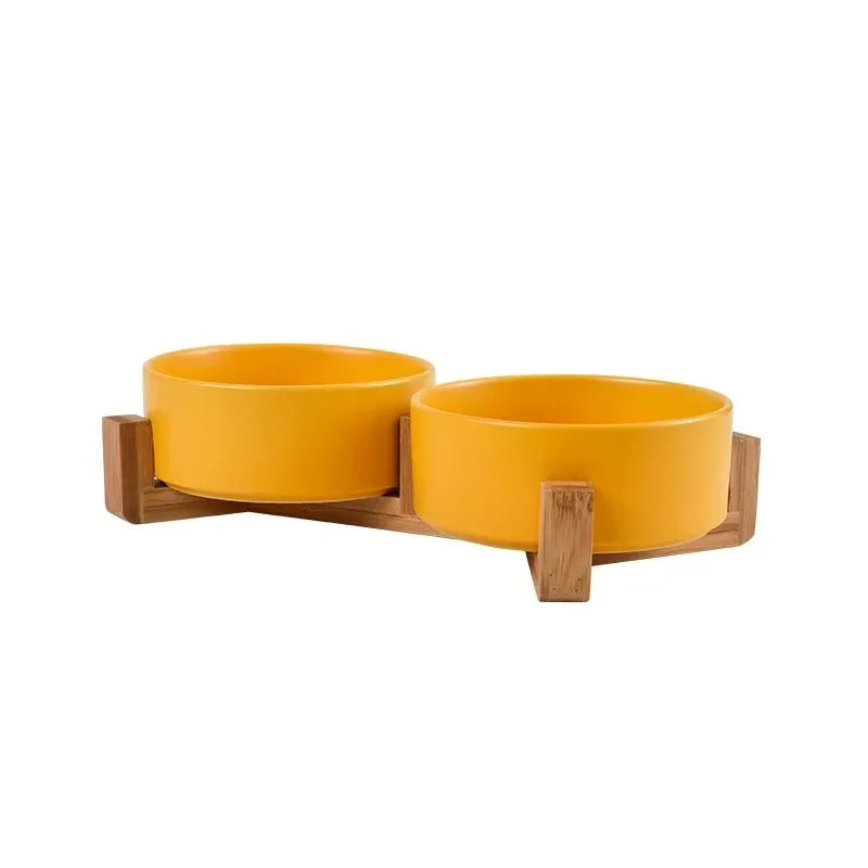 Elegant Ceramic Double Pet Bowl with Wooden Stand-My Little Pet