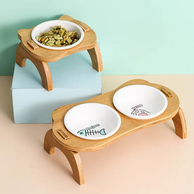 Elevated Bamboo Double Bowls for Cats and Small Dogs - Anti-Leak Design-My Little Pet