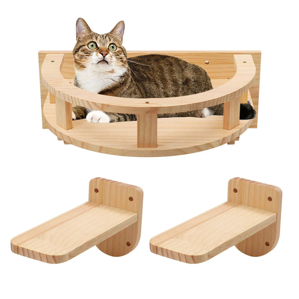 Wall-Mounted Wooden Cat Climbing Shelves - Four-Step Stair with Hammock-My Little Pet