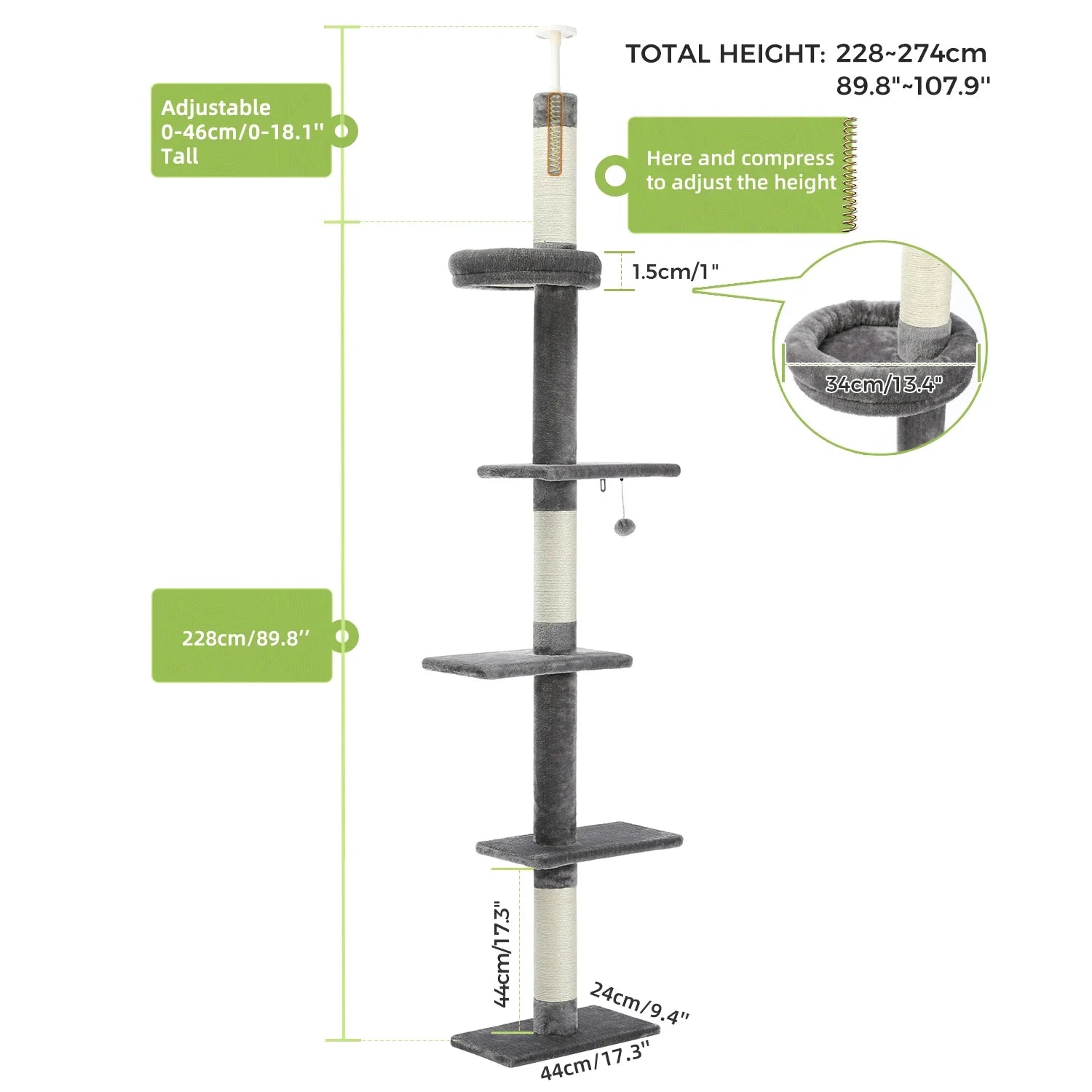 Floor-to-Ceiling Cat Tree - 228-274cm Tall Cat Climbing Tower-My Little Pet