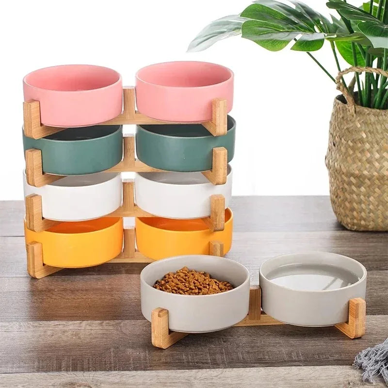 Elegant Ceramic Double Pet Bowl with Wooden Stand-My Little Pet