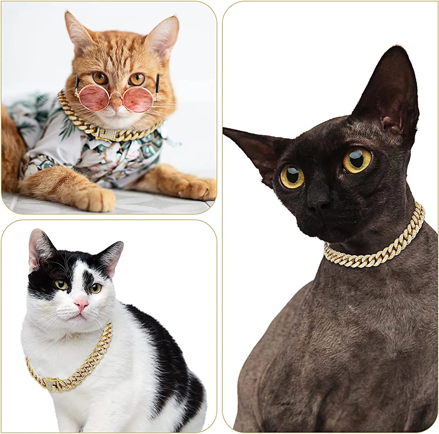 Luxury Gold Cat Necklace with Rhinestones – Elegant Cuban Chain Pet Collar for Cats & Puppies-My Little Pet