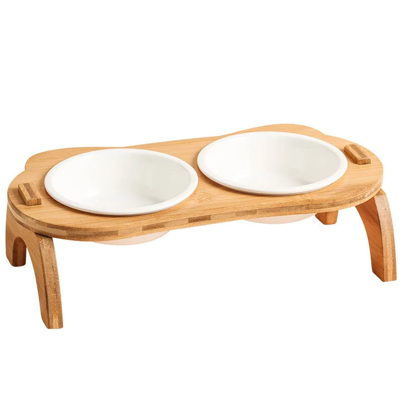 Elevated Bamboo Double Bowls for Cats and Small Dogs - Anti-Leak Design-My Little Pet