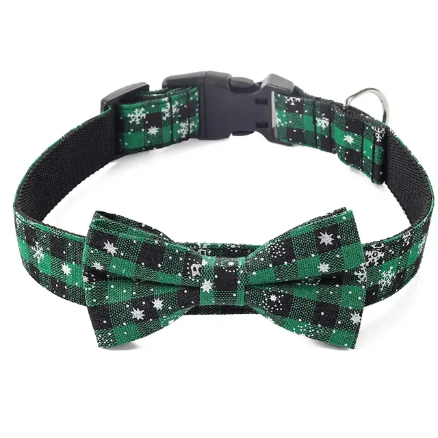 Adjustable Christmas Plaid Dog Collar with Bow Tie and Snowflake Design-My Little Pet