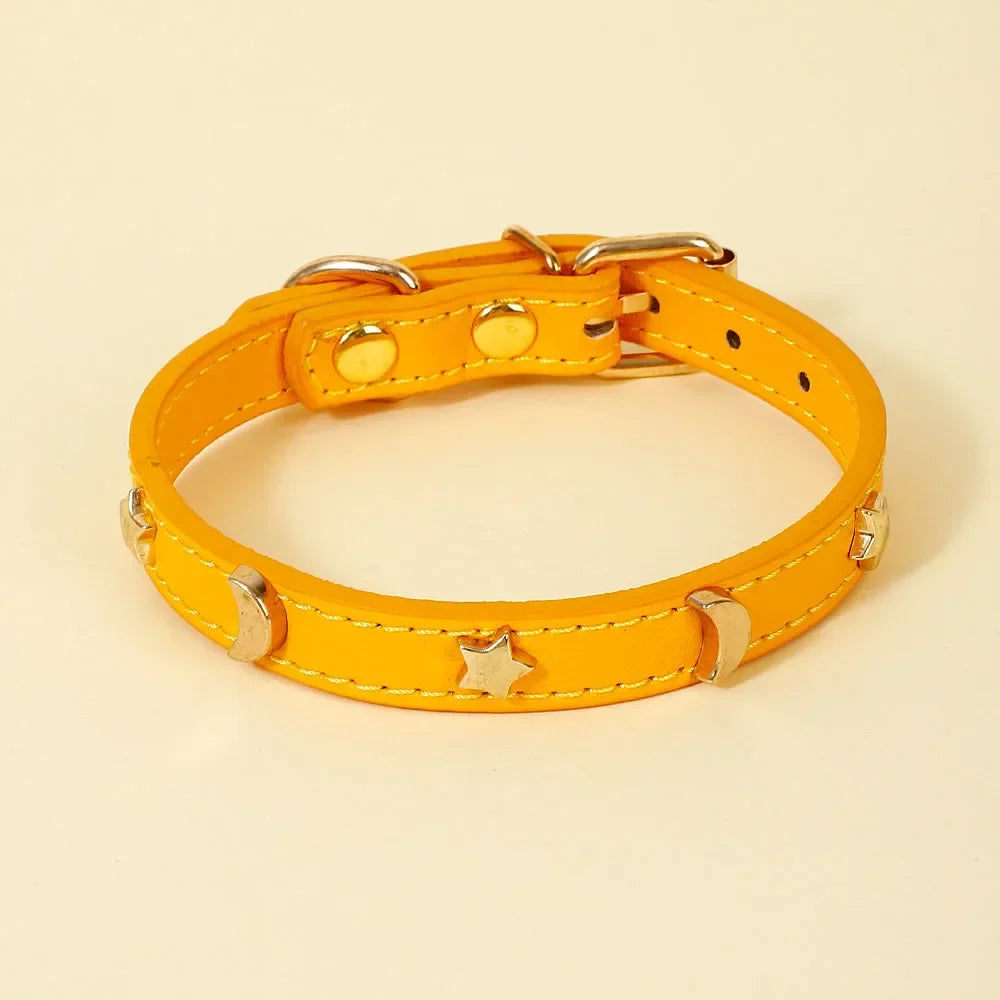 Stylish Soft Leather Cat Collar with Star and Moon Rivets-My Little Pet