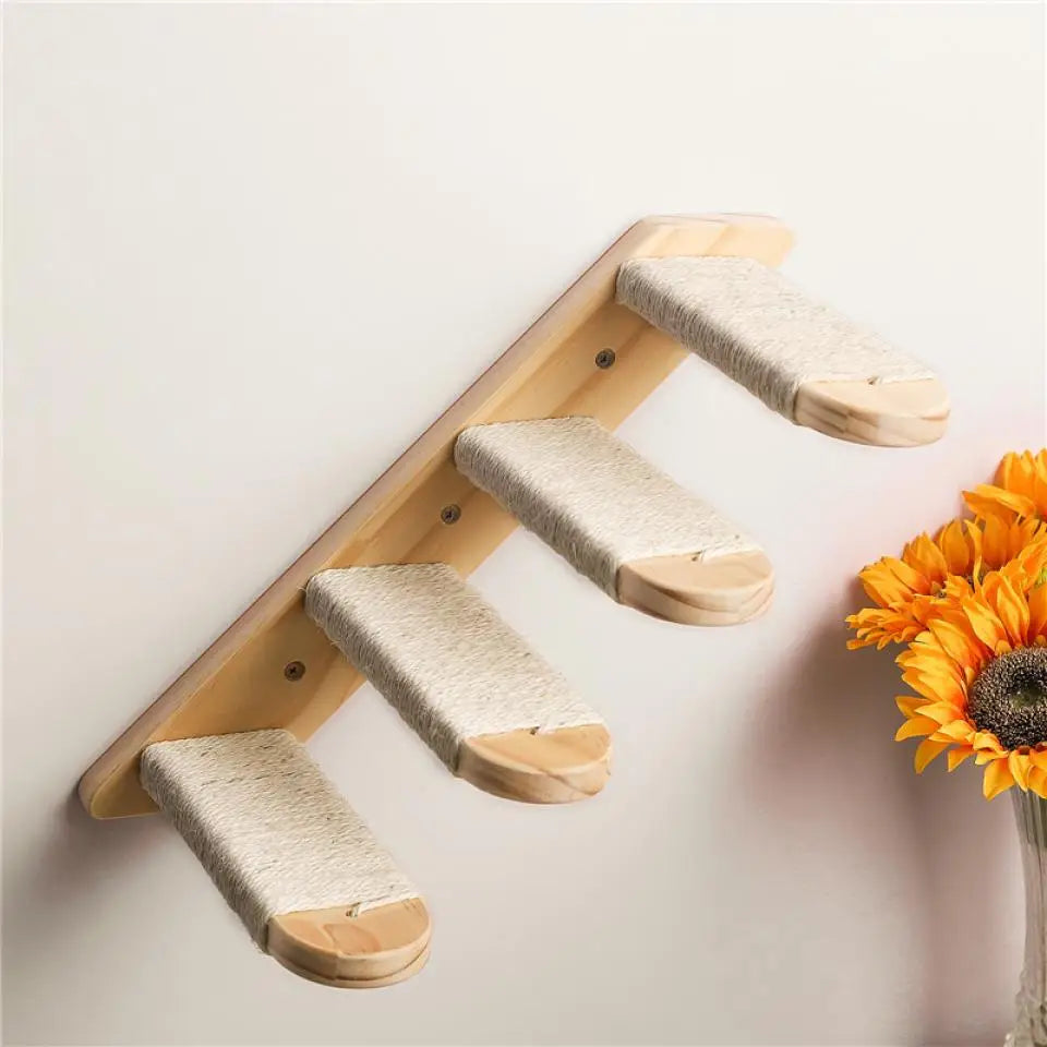 Wall-Mounted Wooden Cat Climbing Shelves - Four-Step Stair with Hammock-My Little Pet